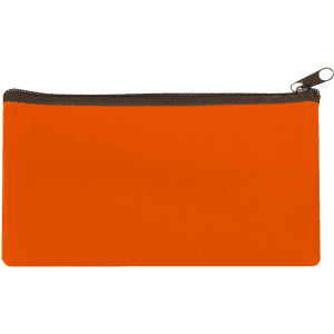 An orange neoprene pencil case with a zipper, featuring a simple design and no visible branding.