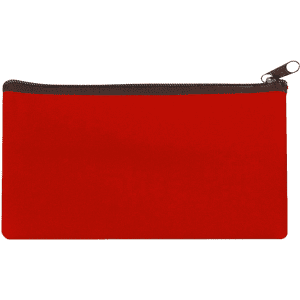 A large red neoprene pencil case with a zip closure and a simple design. It has a logo on it.