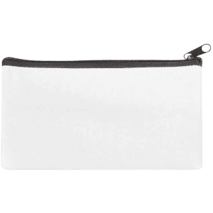 A large white neoprene pencil case with a black zipper, featuring a logo on one side.