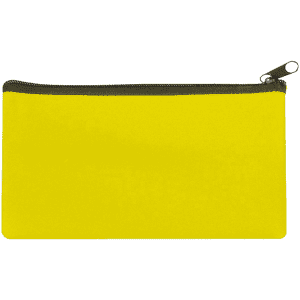 A large yellow neoprene pencil case with a zip closure and a small logo on the front.