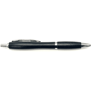A black pen with a sleek design, featuring a silver tip and clip, and a logo near the grip.