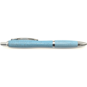 A blue pen with a textured finish and shiny silver accents. It features a clip and a logo.