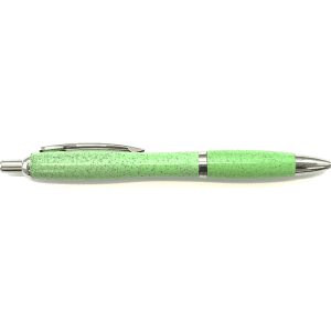 A green pen with a speckled finish and silver detailing, featuring a logo on the barrel.