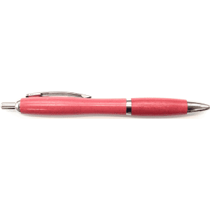 A pink pen with a silver clip and trim, featuring a logo on its body.