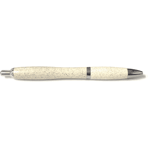 A plastic pen in a light cream colour with a speckled texture and metallic accents. It features a logo.