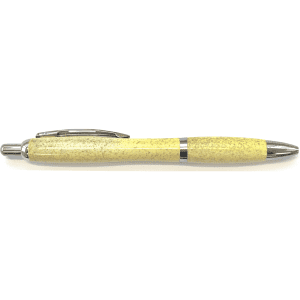 A yellow pen with a textured body and silver accents. It features a branding logo on the barrel.