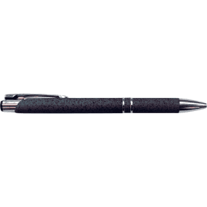 A sleek black pen with a textured finish and silver accents, featuring a clip and branding.