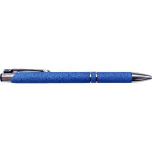 A blue pen with a textured finish and silver accents, featuring a clip and a branding logo.