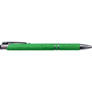 A green pen with a slimline design and silver accents, featuring a textured finish and a logo.