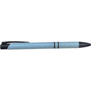 A slimline pen in blue with black accents, featuring a logo on the barrel. Made from wheat straw material.
