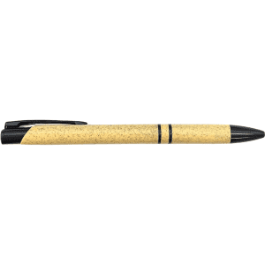 A slimline pen in wheat straw with a black tip and clip, featuring a branding logo.