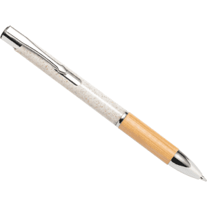 A bamboo grip pen with a wheat straw barrel and chrome accents, featuring a logo on its side.