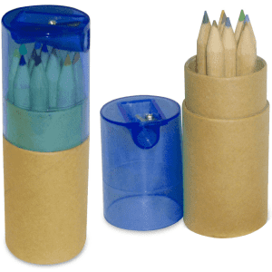 A mini pencil tube containing assorted coloured pencils, presented in a blue and brown holder. Branding visible.