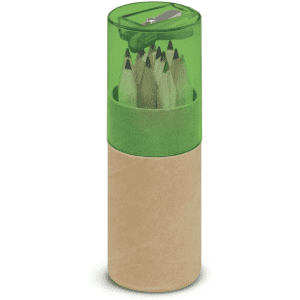 A mini pencil tube with a green lid containing coloured pencils and a sharpener, with a brown base.