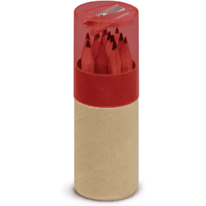 A pencil tube containing red coloured pencils with a sharpener on top, featuring a clear red lid and a brown base.