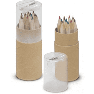 Mini pencil tubes containing coloured pencils in various shades, housed in stylish transparent and cardboard tubes.