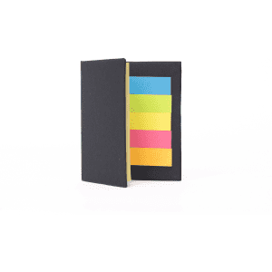 A black sticky note book featuring vibrant sticky notes in pink, yellow, green, and blue.
