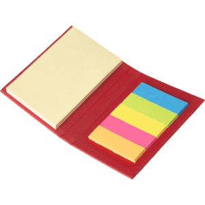 A red sticky note book containing a pad of yellow sticky notes and five colourful flags in pink, blue, green, and yellow.