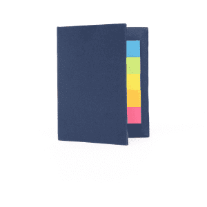 A navy sticky note book featuring colourful sticky notes in pink, yellow, green, and blue. It has a simple design.