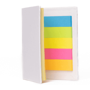 A sticky note book featuring bright yellow, green, pink, and blue notes, enclosed in a white cover with a logo.