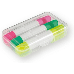 Three-piece wax highlighter set in a clear case; features pink, yellow, and green highlighters.
