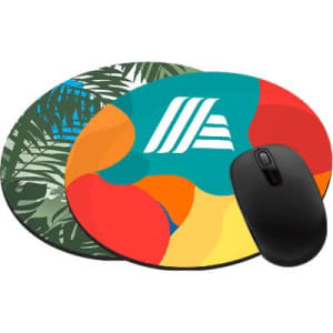 Round neoprene mouse pads in colourful designs, featuring a logo, with a black computer mouse on one of them.
