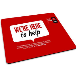A red mouse mat featuring a white rectangular space with text and a logo, promoting support services.