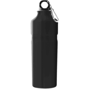A drink bottle in black with a sleek design and a loop for attachment. Features a branding logo.