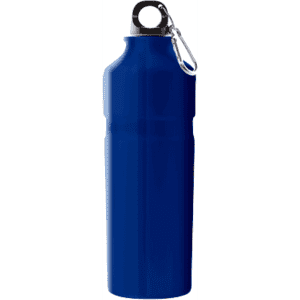 A drink bottle in a vibrant blue colour with a silver carabiner and a sleek design. It has a logo on the surface.