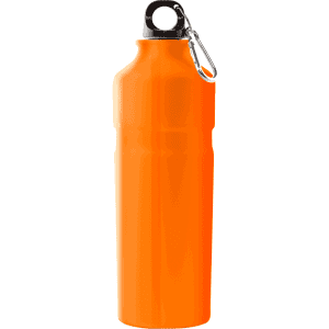 A drink bottle in bright orange with a black cap and a metal clip, designed for hydration on the go.
