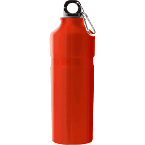 A drink bottle in bright red with a black top and a silver clip. It features a logo on the side.