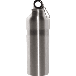 A drink bottle in stainless steel with a silver finish, featuring a screw top and a clip attachment.