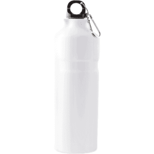 A drink bottle in white with a black cap and a metal clip. Ideal for hydration on the go.