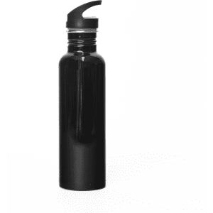 A drink bottle in sleek black, featuring a sporty lid and a simple design. It has a branding logo.