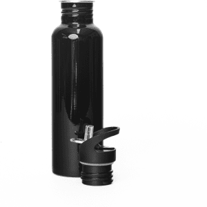A drink bottle in sleek black with a detachable lid featuring a spout for easy drinking.