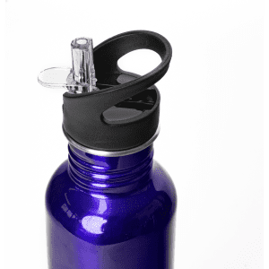 A drink bottle in a vibrant purple colour with a black straw and lid, featuring a rounded opening and a logo.