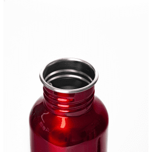 A drink bottle in red, featuring a metallic silver rim and a smooth, rounded opening. It has a logo on the surface.