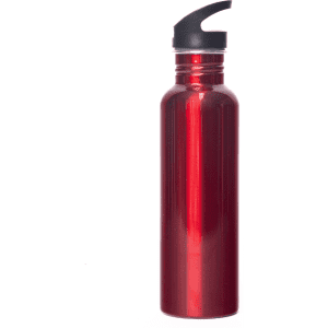 A drink bottle in shiny red with a black cap and a logo, designed for holding 800ml of liquid.