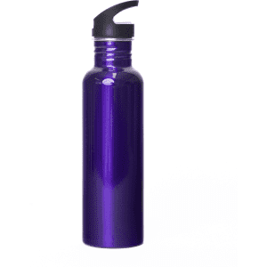 A drink bottle in a vibrant purple colour with a black, flip-top lid and a sleek design. It has a logo.