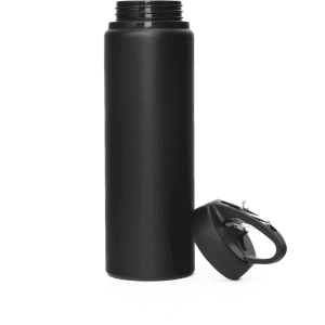 A drink bottle made of matte black aluminium, featuring a removable cap and a sturdy built-in handle.