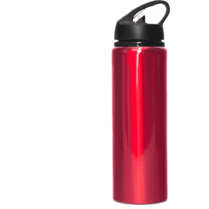 A drink bottle in bright red aluminium, featuring a black straw and a handle for easy carrying.