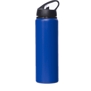 A drink bottle in blue with a black lid and straw, featuring a logo on the side.