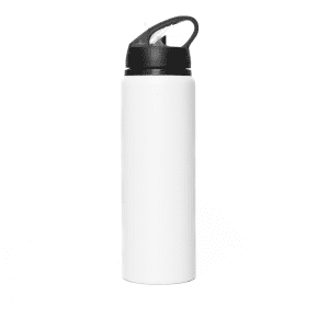 A drink bottle featuring a white aluminium body with a black straw lid and a logo.