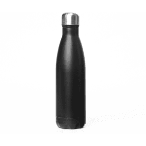A drink bottle in matte black with a stainless steel lid and a sleek design. Features a logo on its surface.