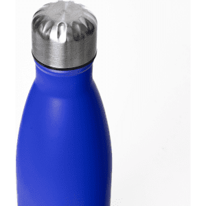 A drink bottle in bright blue with a stainless steel lid and a logo on the side.