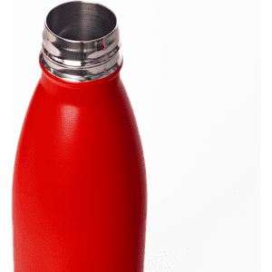 A drink bottle featuring a sleek red design and a stainless steel lid. It includes a logo on the body.