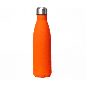 A drink bottle in vibrant orange with a steel lid and a smooth finish, featuring a logo.