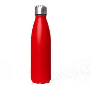 A drink bottle in bright red with a stainless steel lid, featuring a sleek, modern design and a logo.