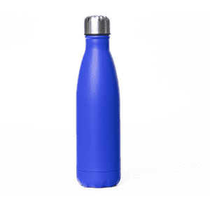 A drink bottle in a vibrant blue colour with a steel lid and a sleek design, featuring a branding logo.