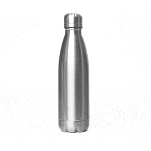 A drink bottle made of stainless steel with a sleek, shiny finish, featuring a steel lid and a rounded base.
